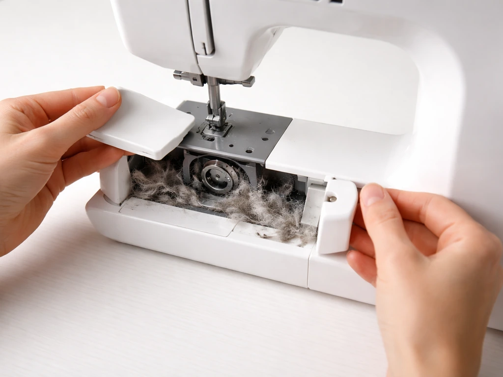 Hands open a sewing machine’s lint compartment, revealing lint near the bobbin area.