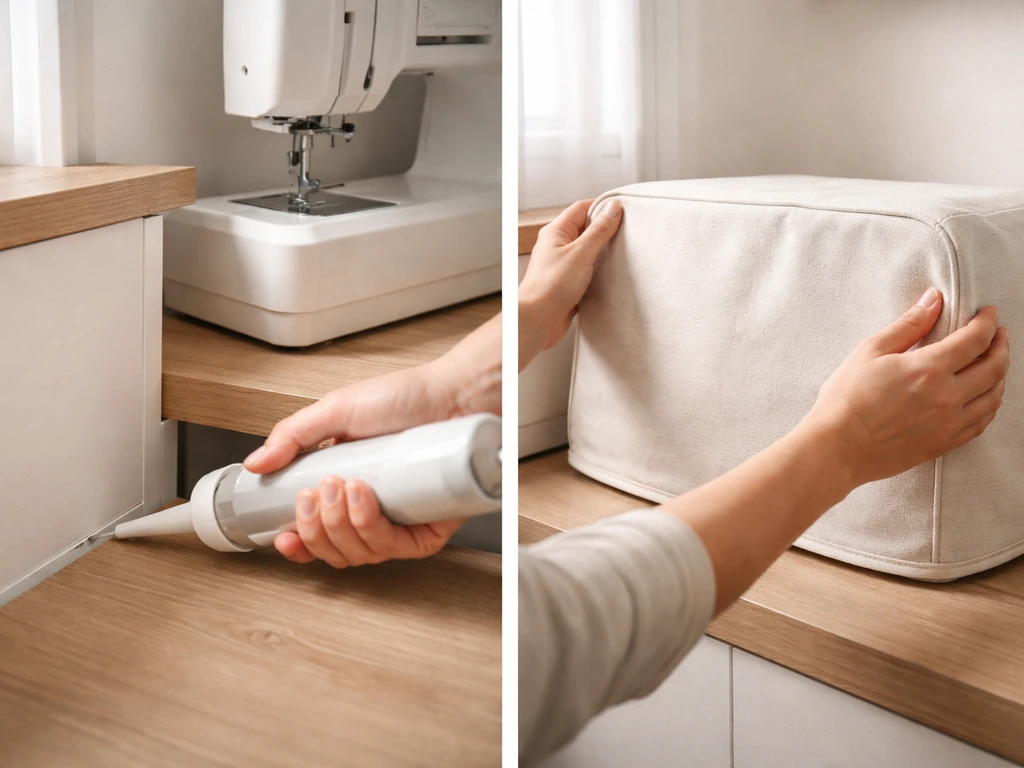 Hands sealing a small gap near a sewing machine, then covering the machine with a protective cover.