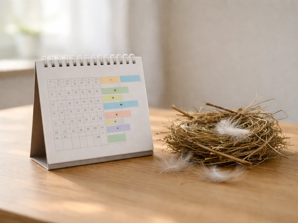 A small desk calendar with colored month tabs beside twigs and dry grass nest materials.