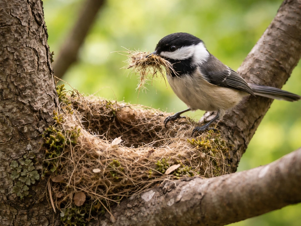 A bird carries nesting material and builds a nest on a branch in warm natural light.