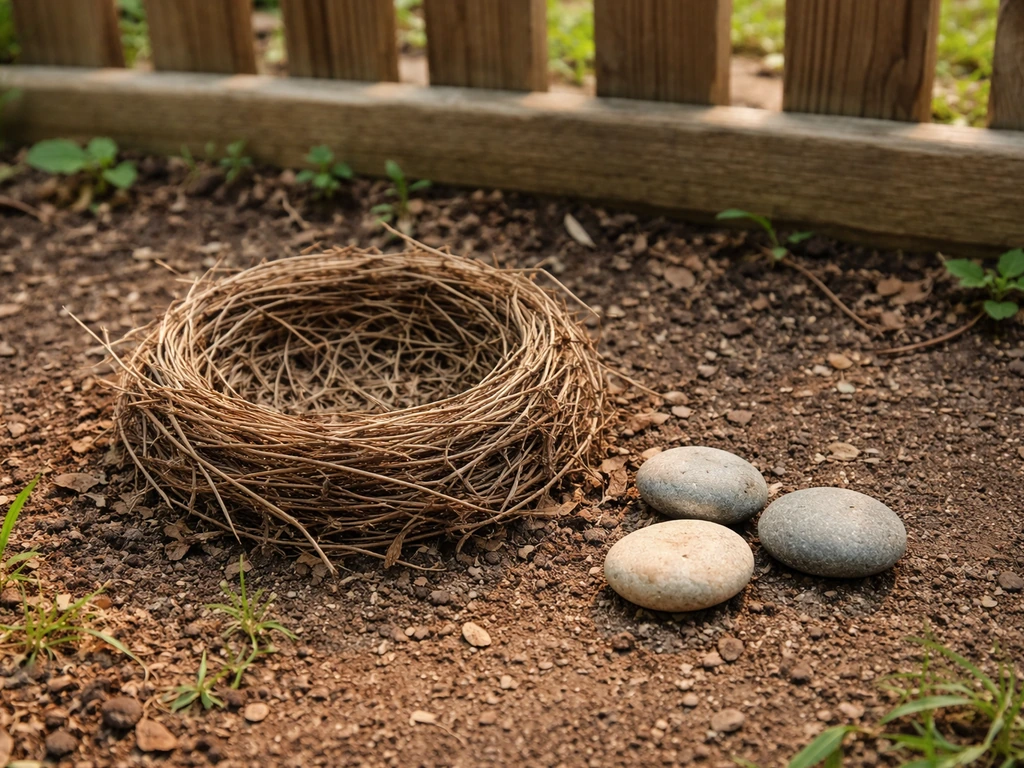 Empty twig nest on soil with a few plain stones beside it, minimal outdoor natural-light scene.