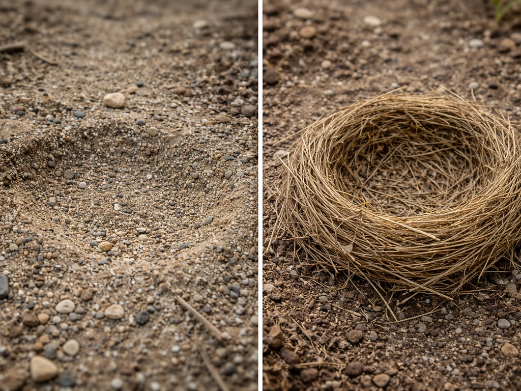 Side-by-side close-up of an open scrape nest area and a more complex woven nest cup in natural ground