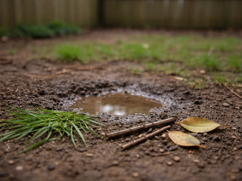 Ground-level view of puddled mud with nearby grass clippings, twigs, and leaves in a simple yard
