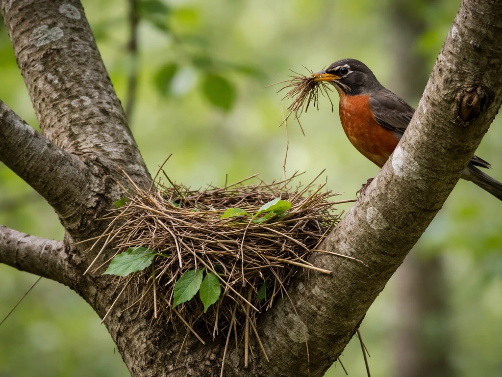 Adult bird perched and carrying twigs to a freshly forming nest in a tree fork from a safe distance.