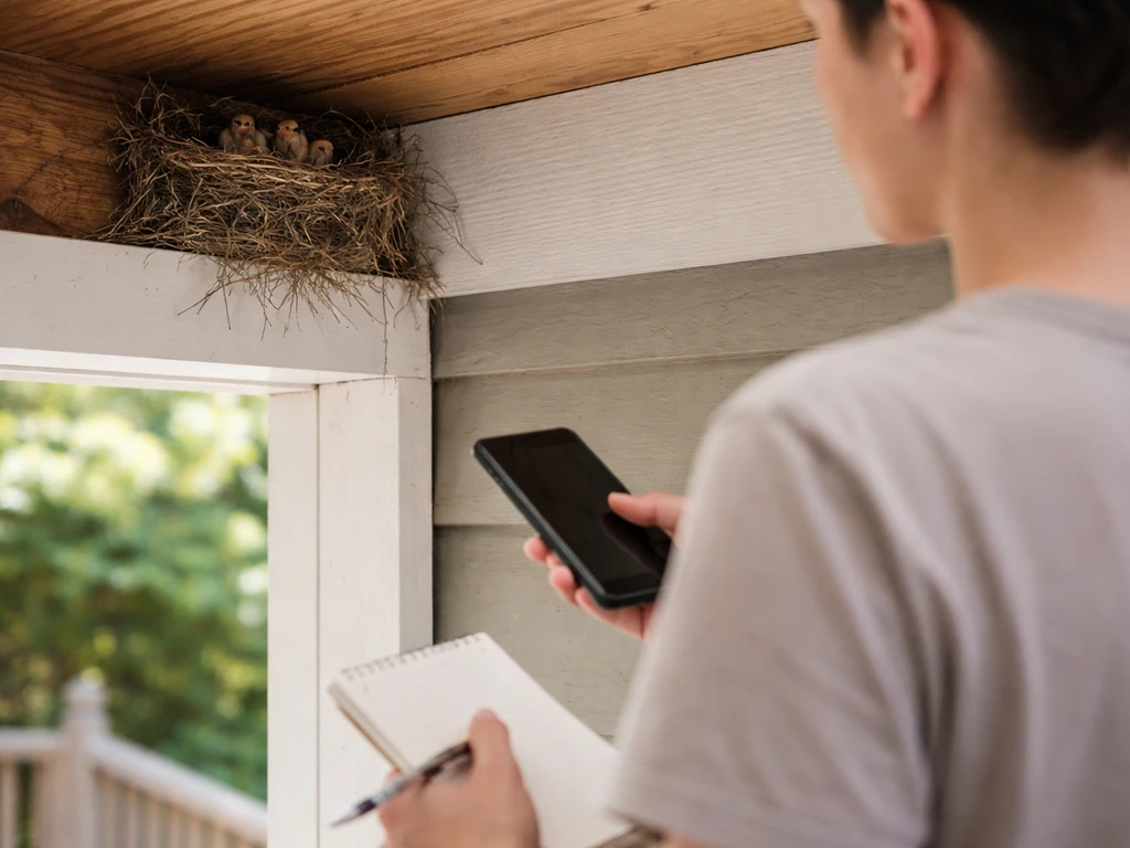 Homeowner safely keeps distance from an active bird nest while taking notes and a phone photo.