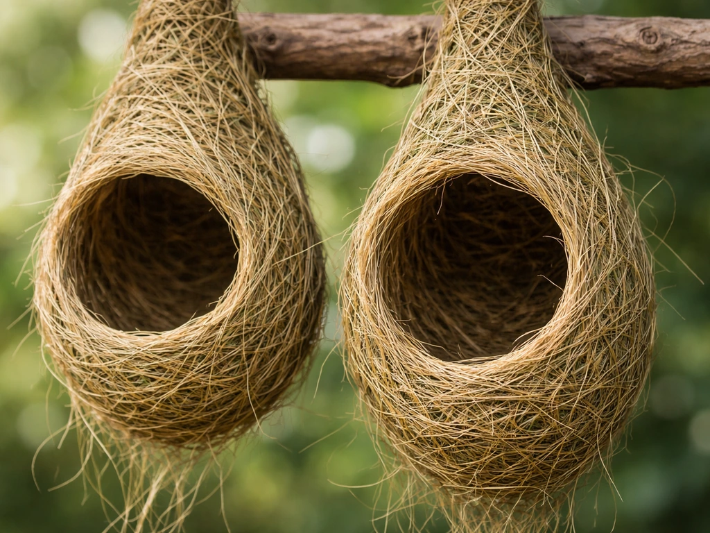 Close-up of two woven oriole pouch nests with deep grass fibers and natural texture.