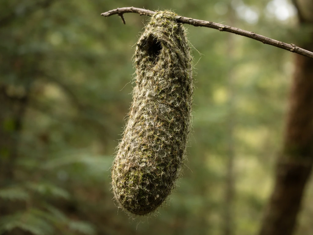 Side view macro of a moss-and-fiber hanging sock-like bird nest from a twig.