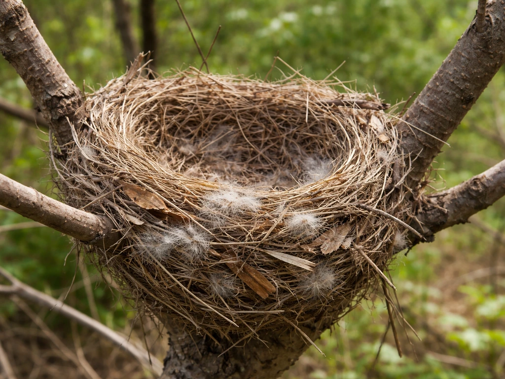 Close-up of a cedar waxwing nest cup of grasses and twigs in a shrub fork.