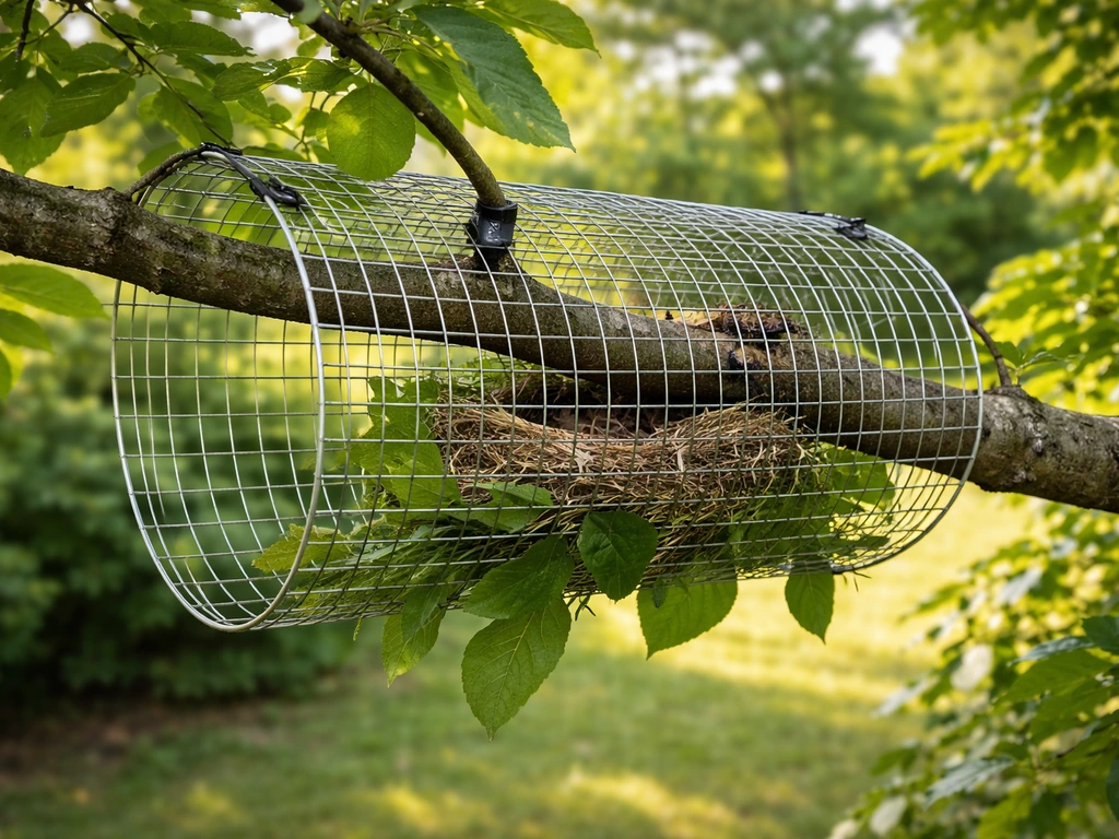 A small bird nest protected by a backyard wire baffle, with no disturbance visible.