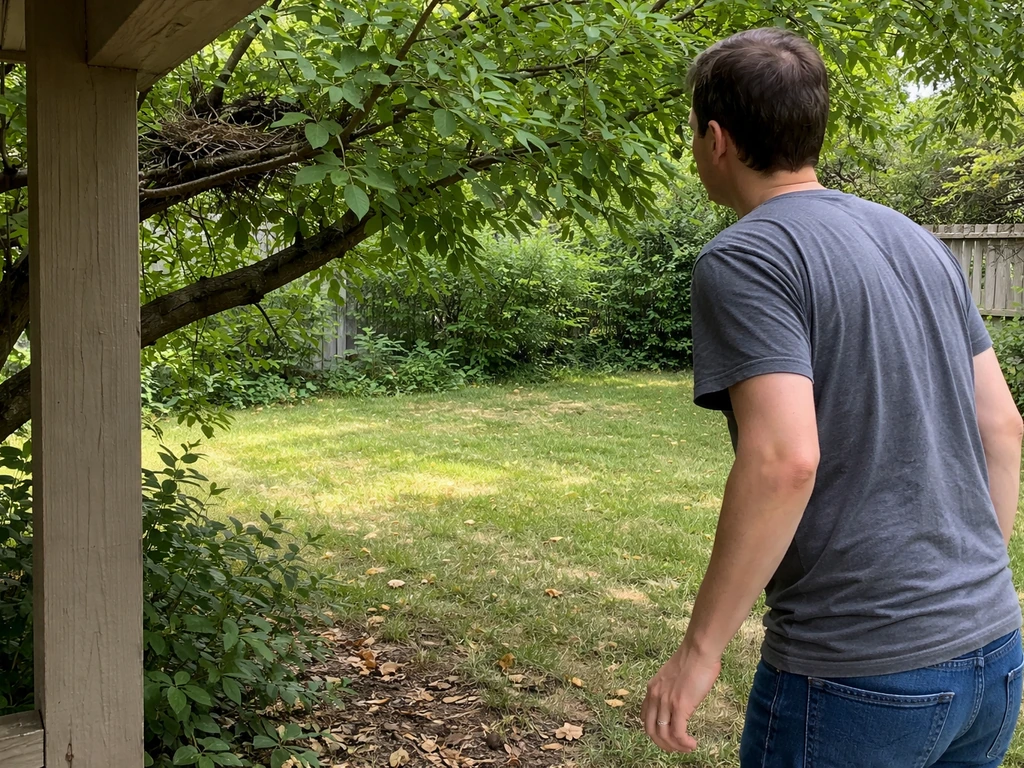 Person stands at a safe distance in a backyard, hands away, observing a bird nest on a low branch.