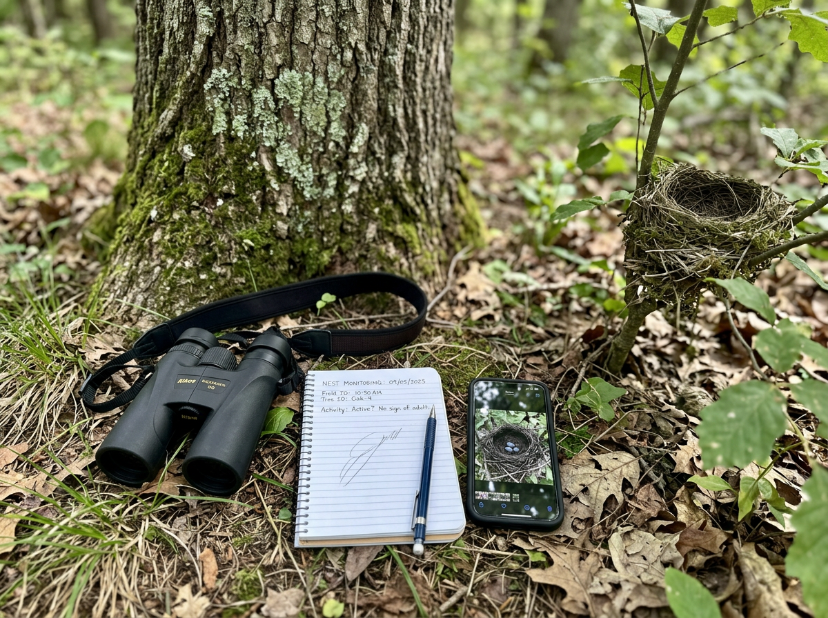 Binoculars and nest documentation setup before touching a nest