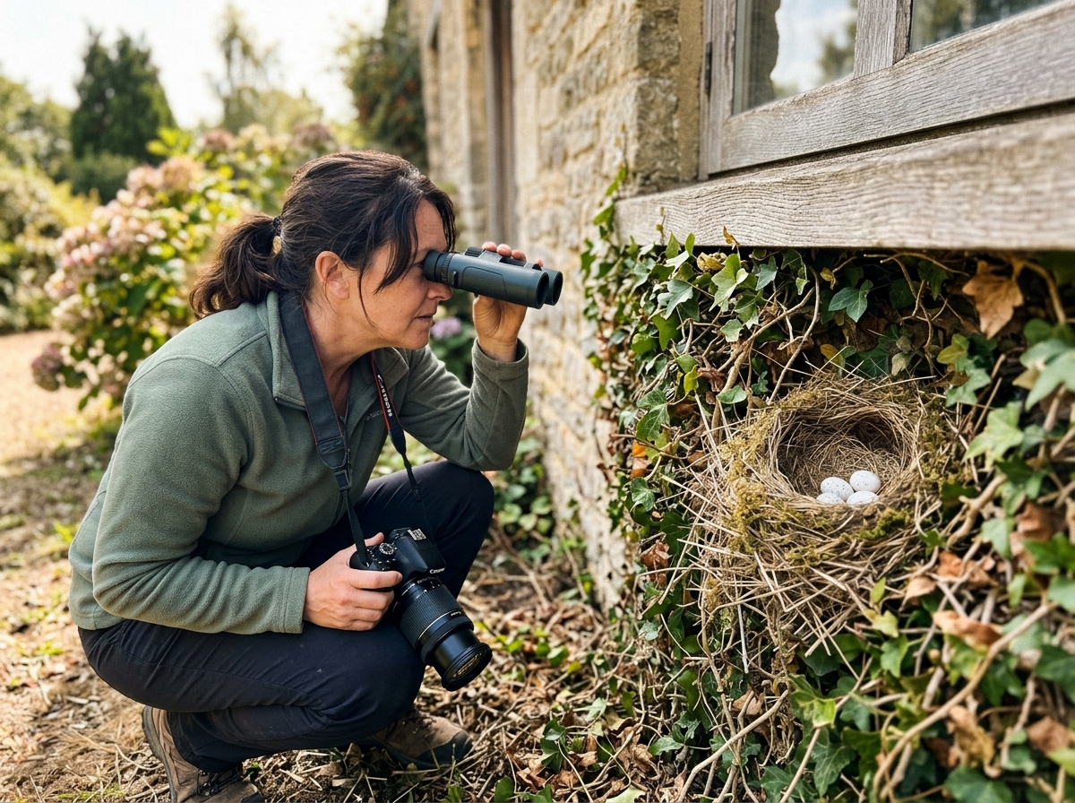 Nest inspection from a safe angle showing whether eggs are present