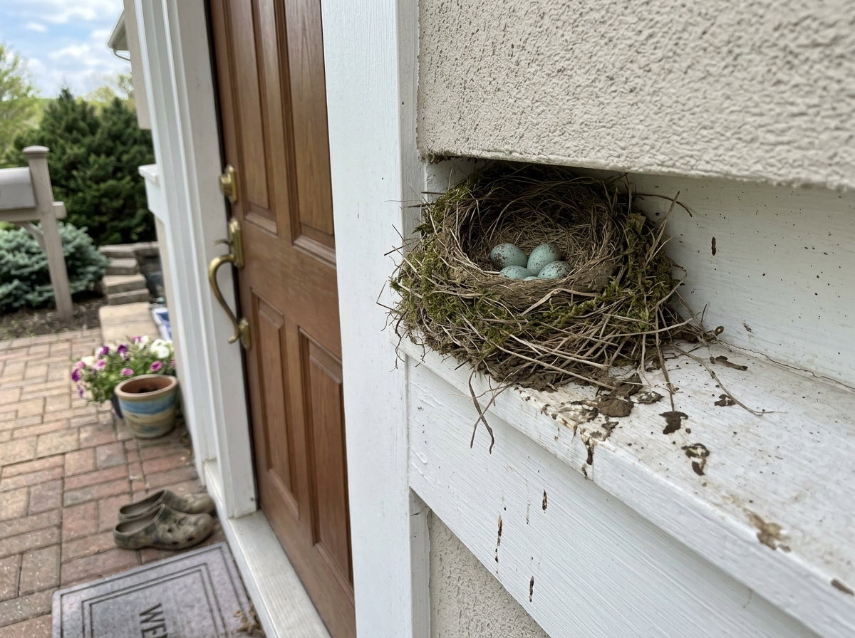 High-traffic location nest with eggs—safety-first alternative scenario