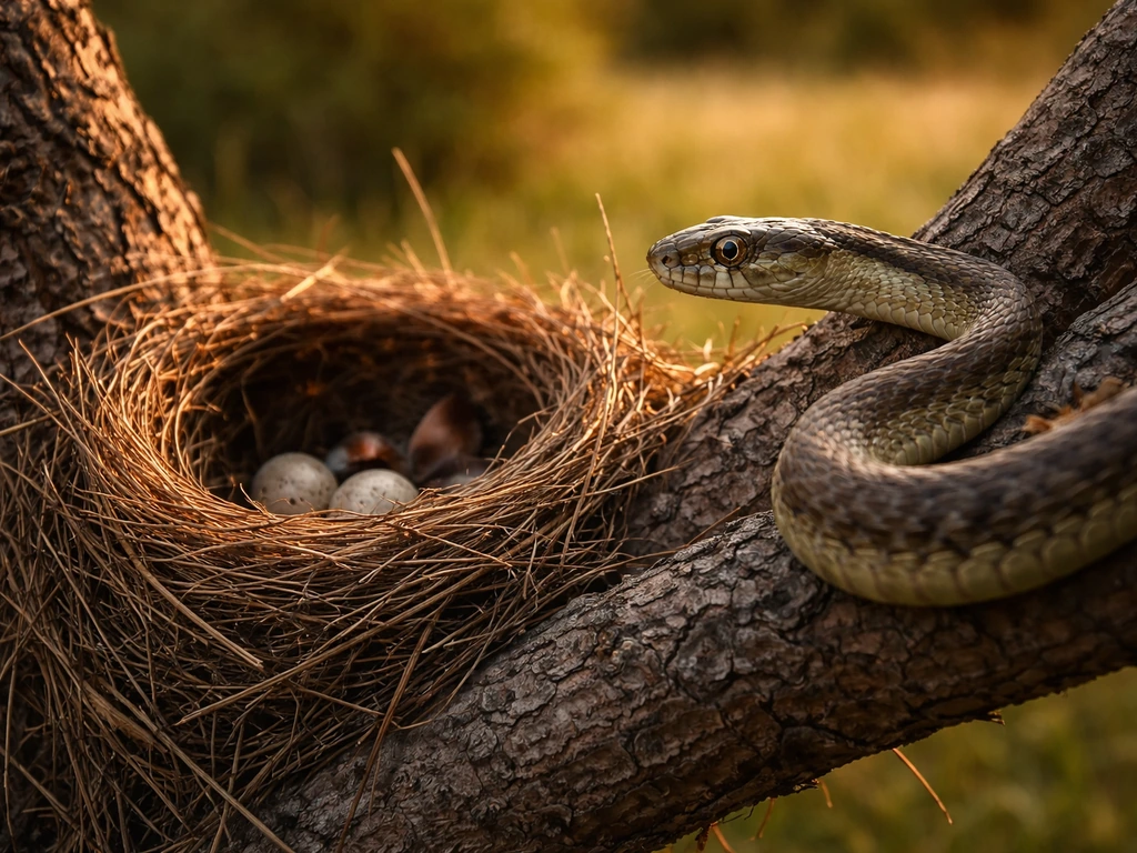 A realistic snake near a bird nest on a low branch, with eggs/nestlings visible as predation risk