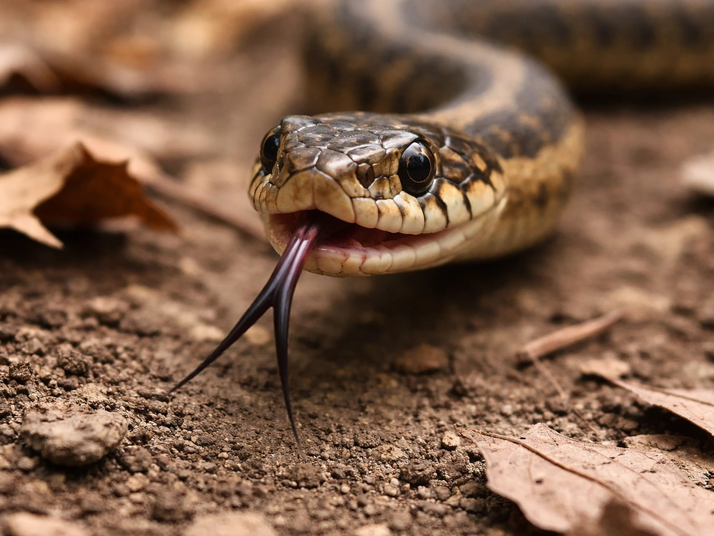 Close-up of a snake with its forked tongue extended mid-flick over dry leaves and soil.