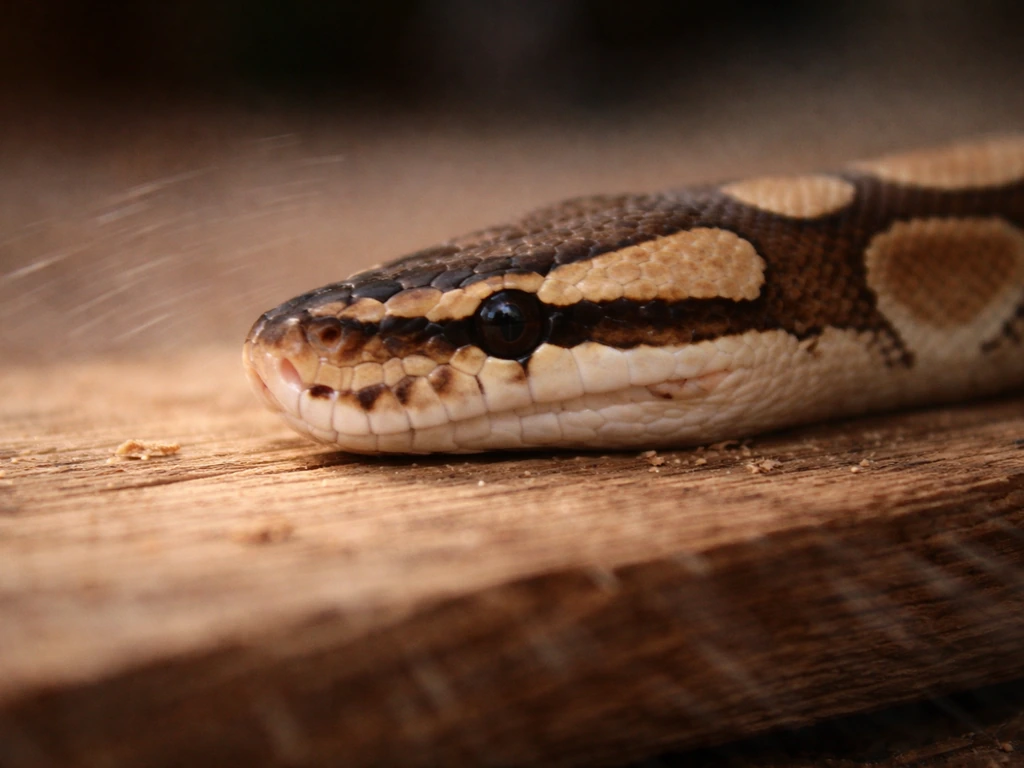 Close-up of a snake’s jaw against a vibrating wooden surface, showing substrate vibration detection.