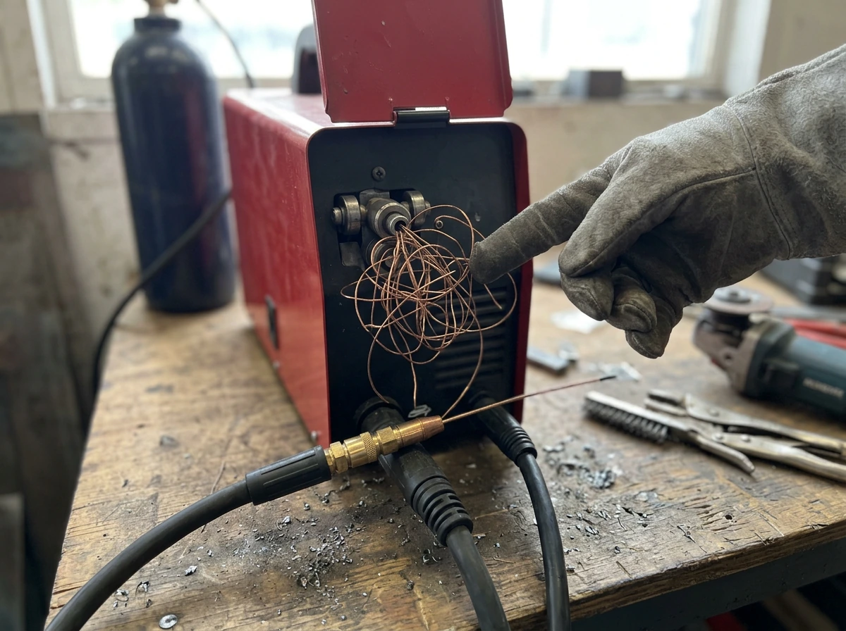 Wire feed system showing loose tangled MIG welding wire bundle near contact tip