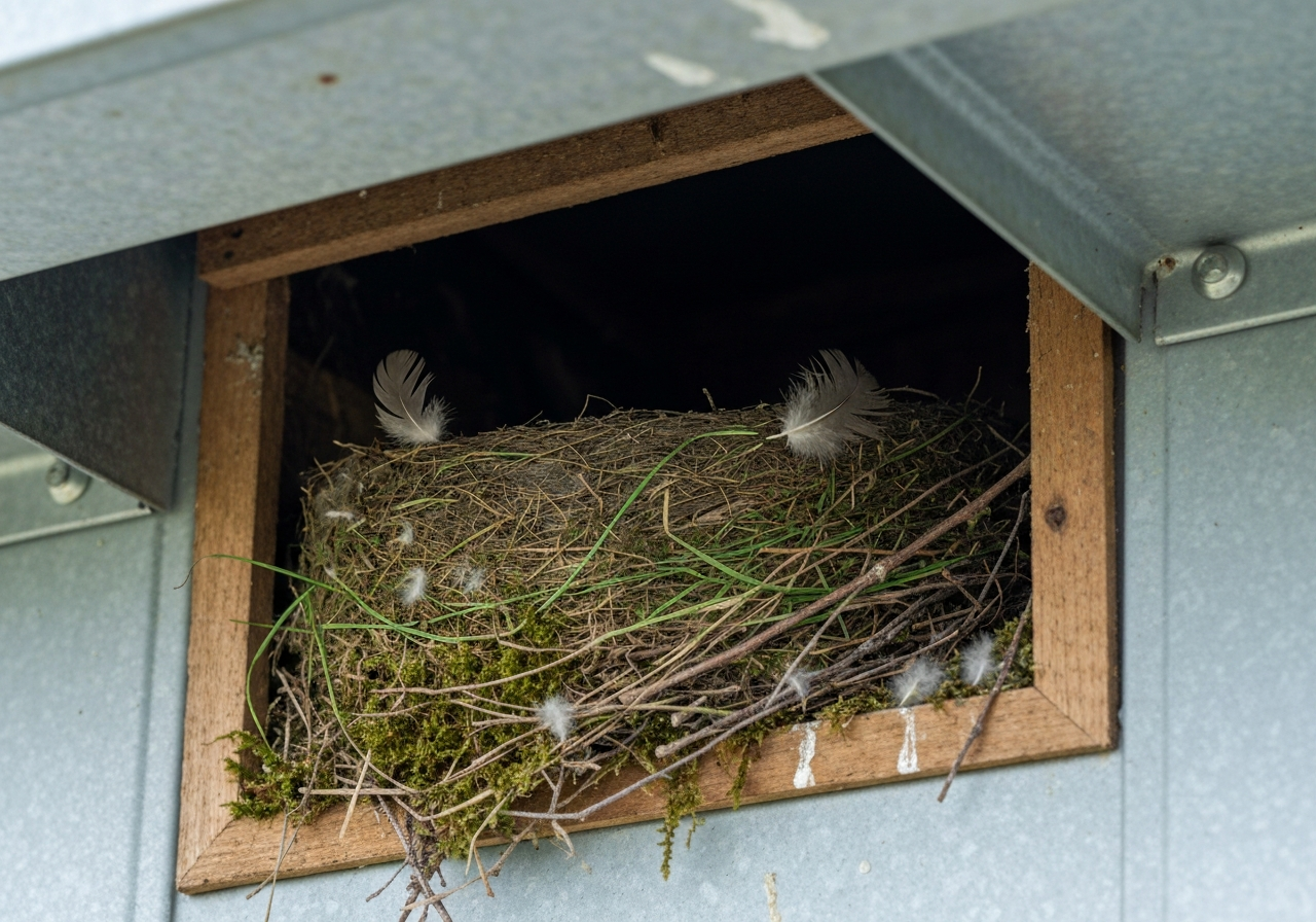 Active bird nest with natural materials inside a vent or cavity near a structure