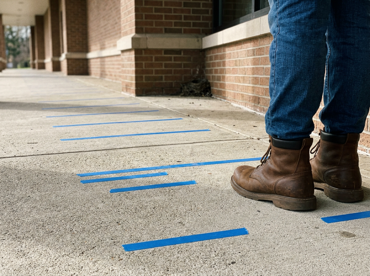Distance buffer and safety view: person stepping back from a nest site on a ledge