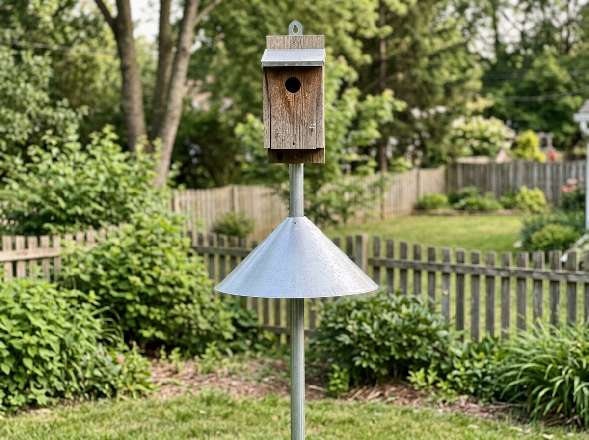 Humane predator deterrent for a nest box: baffle cone and smooth mounting pole detail