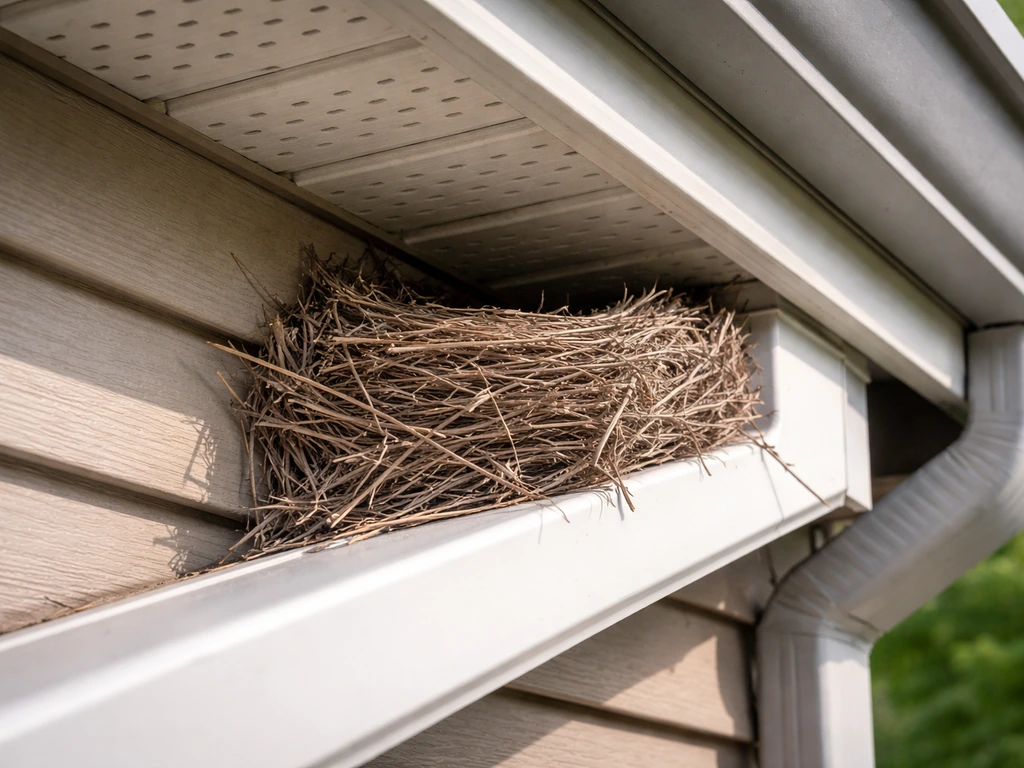Calm bird nest safely under a home roof eave, undisturbed in natural light.