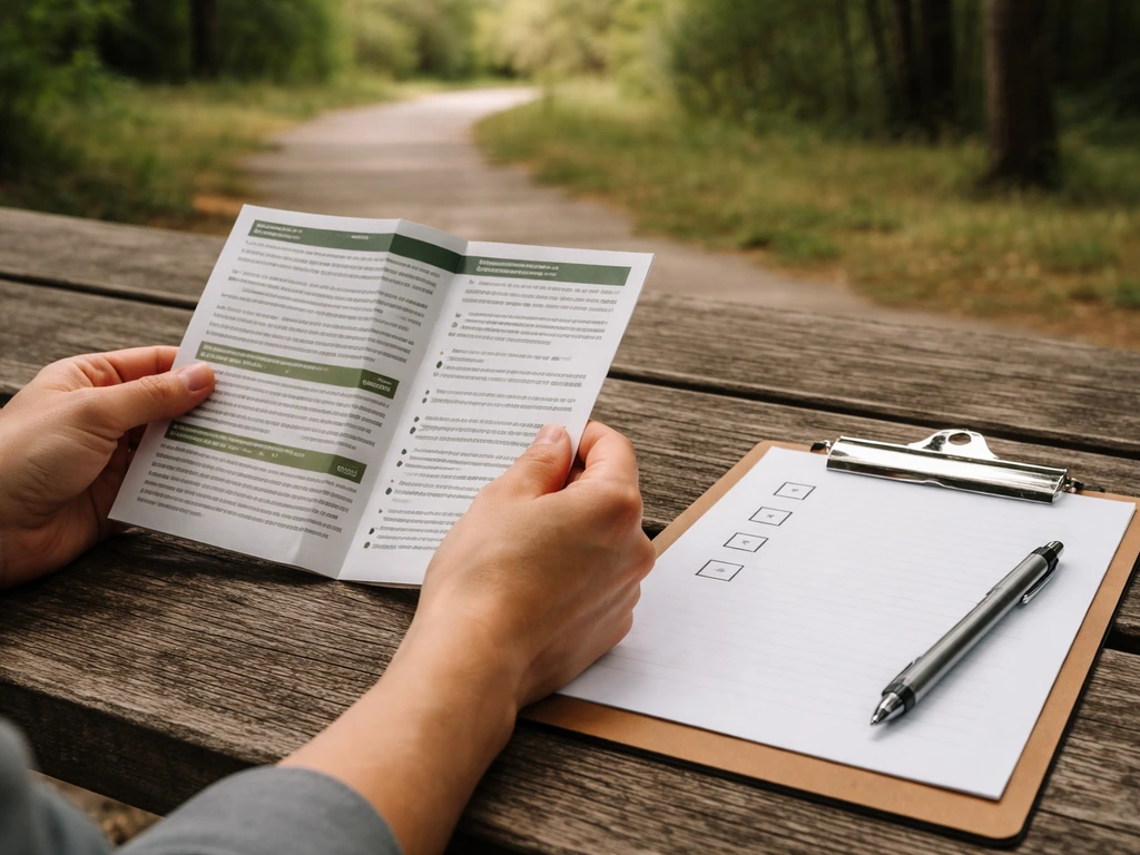 Hands reviewing a printed wildlife compliance guide beside a clipboard checklist outdoors.