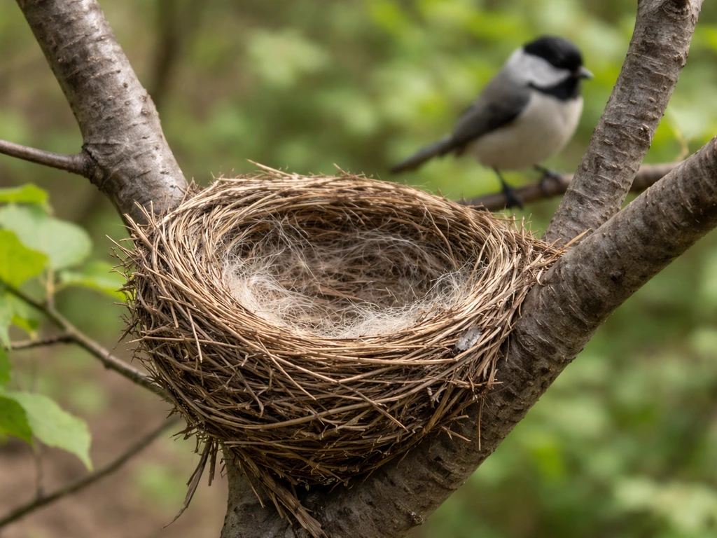 An open cup bird nest with woven grasses and a soft lining in a tree branch, natural daylight.