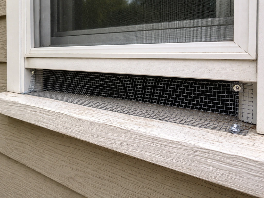 Close-up of a quiet outdoor window ledge with a small open gap blocked by a simple mesh barrier, no birds.