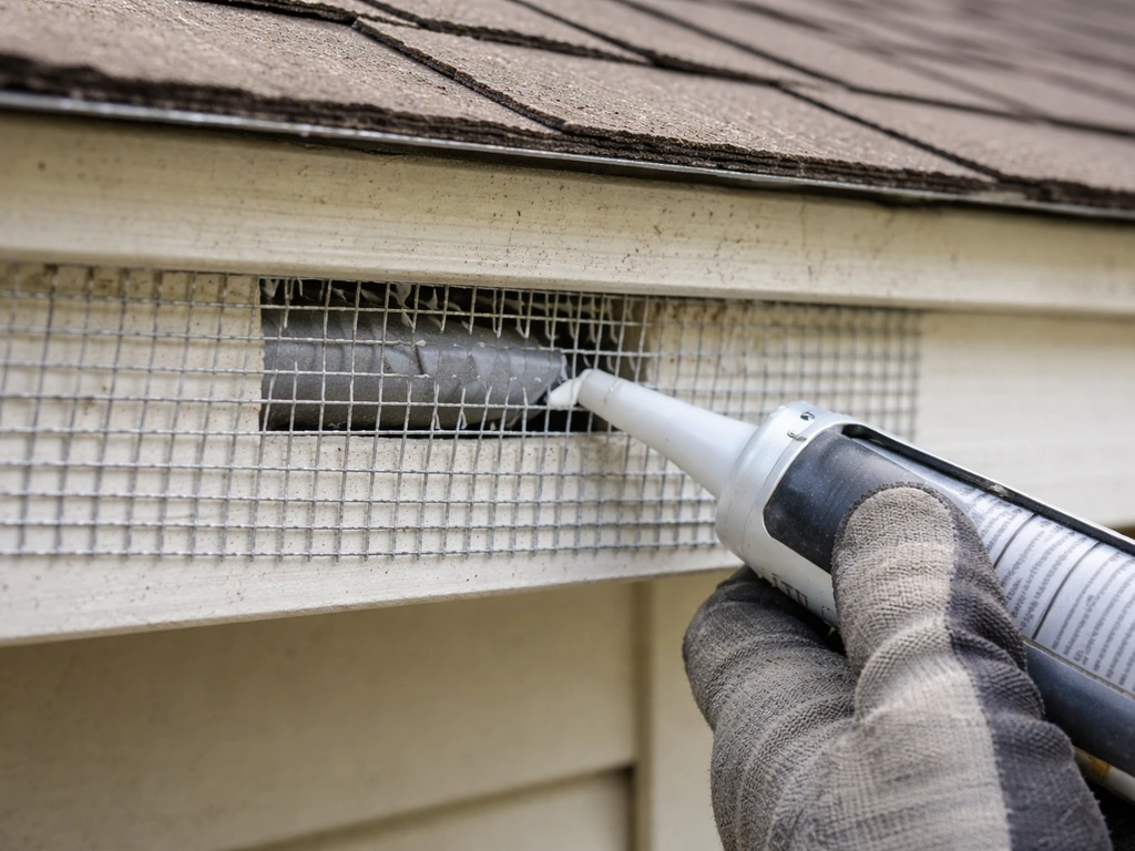 Close-up of a hand sealing a small gap on a home exterior with caulk and a mesh barrier