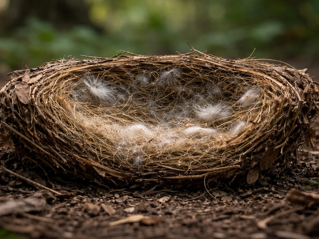 Layered cup nest cross-section with twigs, inner lining, and visible spider silk strands