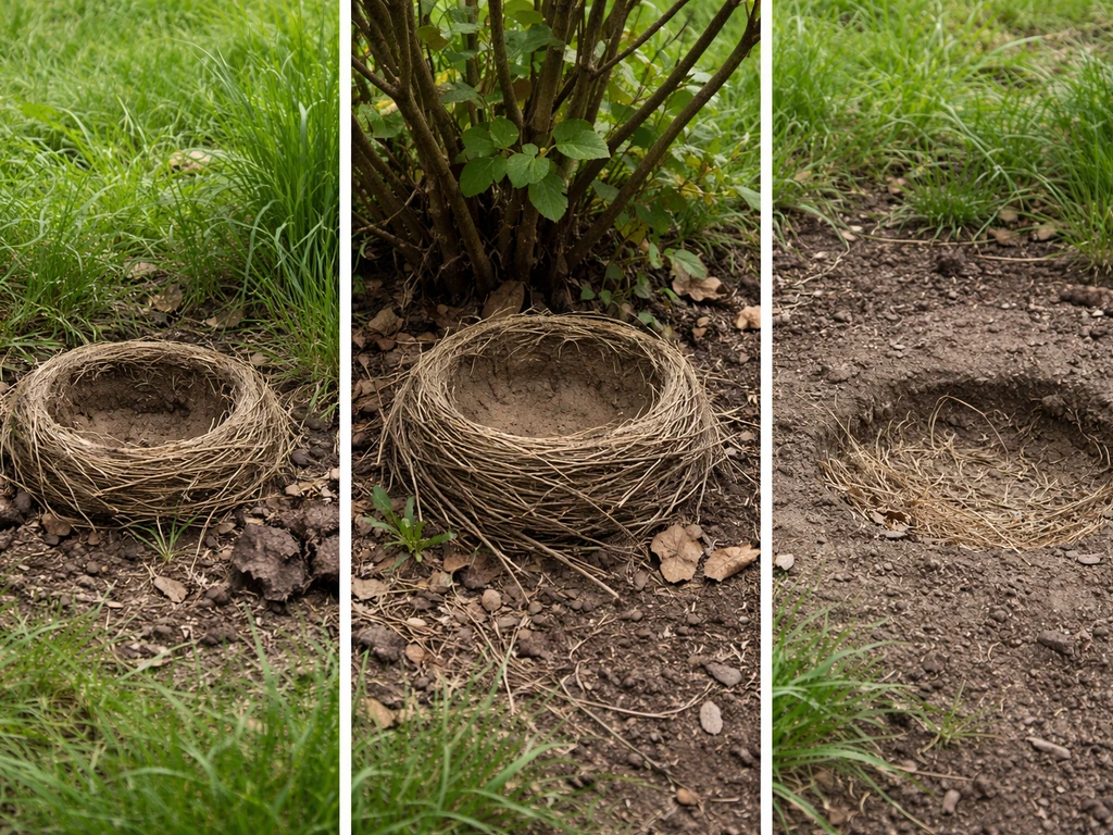 Three small bird nests in natural ground, showing cup, mud-reinforced cup, and ground scrape styles near vegetation.