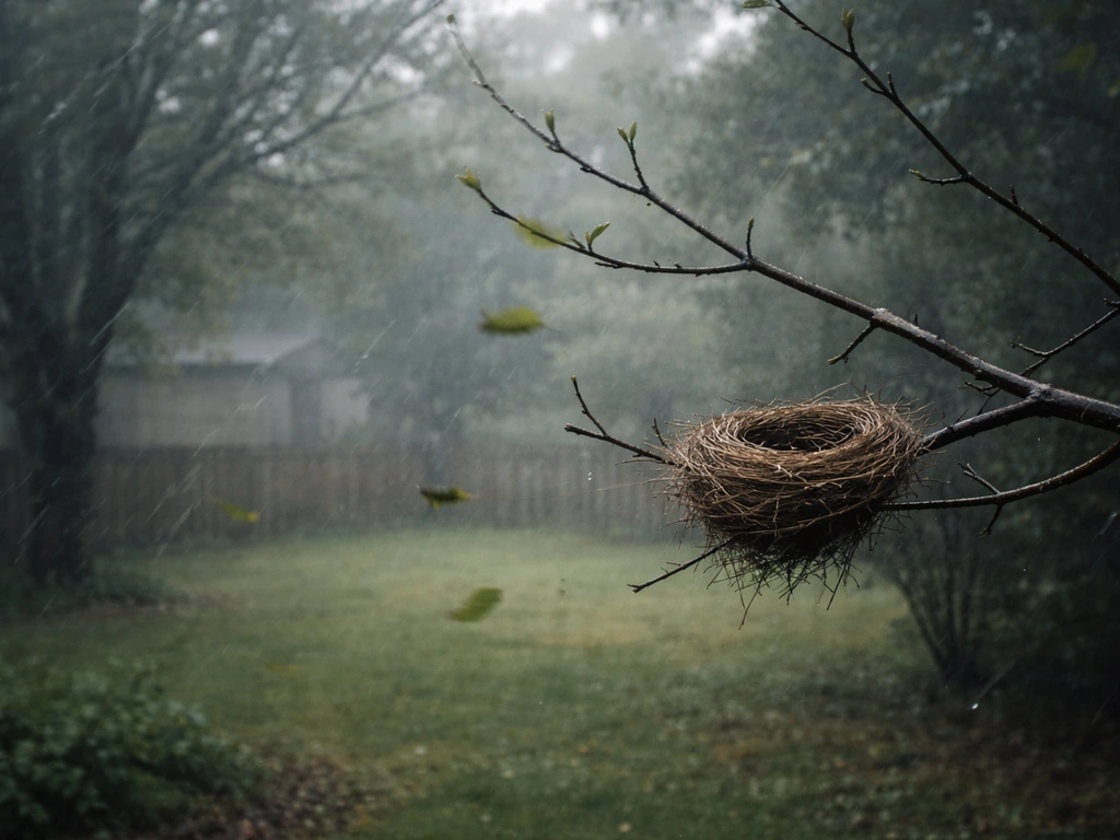 Small bird nest on a branch swaying in storm winds, observed from a distance in a quiet yard.
