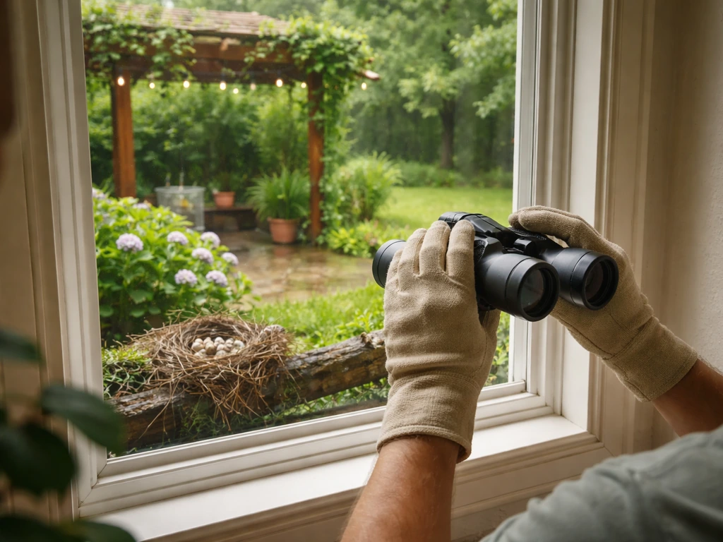 Person looks out a window with binoculars at a quiet bird nest, wearing gloves for safe cleanup.