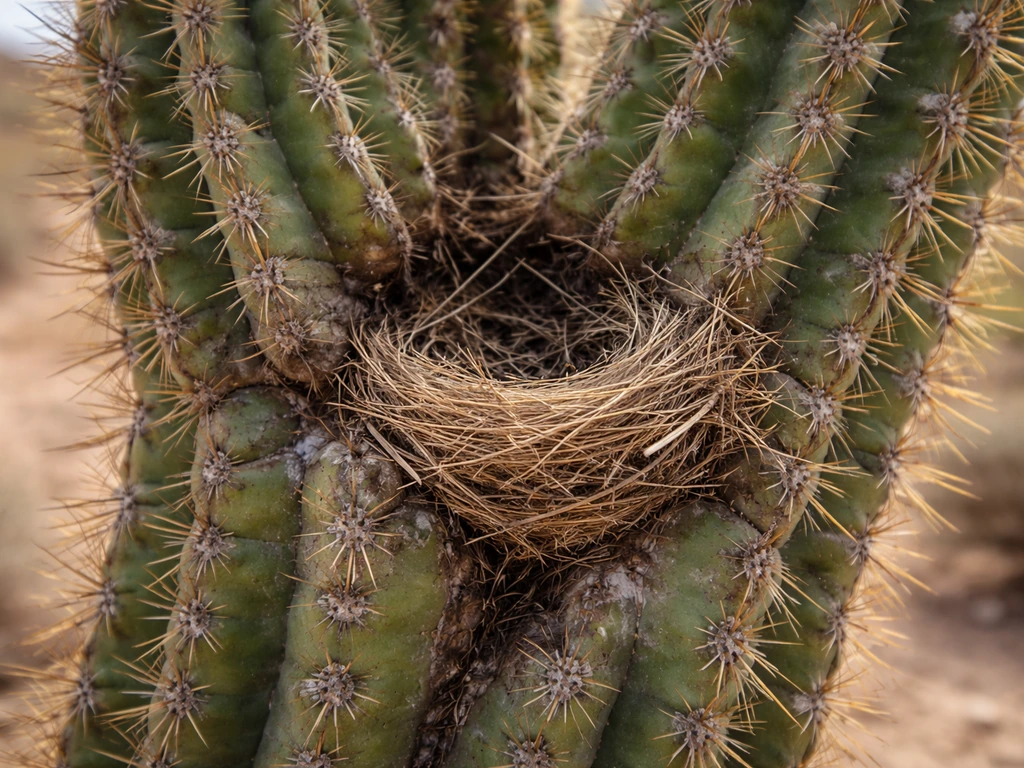 Close-up of a cactus with bird nesting material wedged among spines in soft desert light.