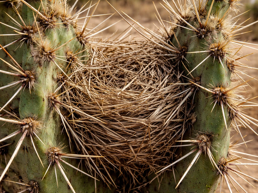 Close-up of woven grass nest material wedged between cactus spines in a desert setting.