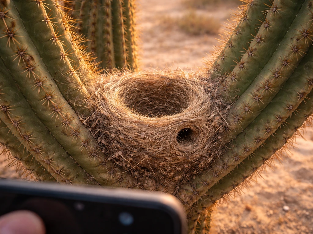 Close-up of a small bird nest on cactus arms with a phone camera framing four visual cues.