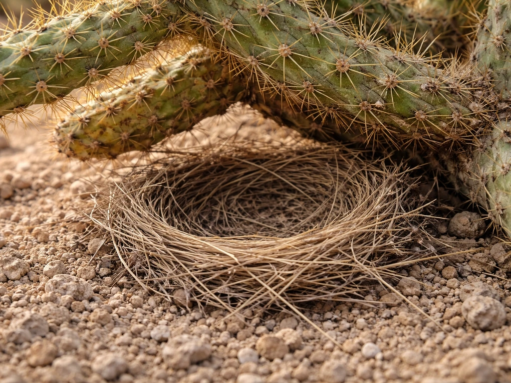 Shallow open cup nest tucked under cholla arms in a warm desert, no birds visible.