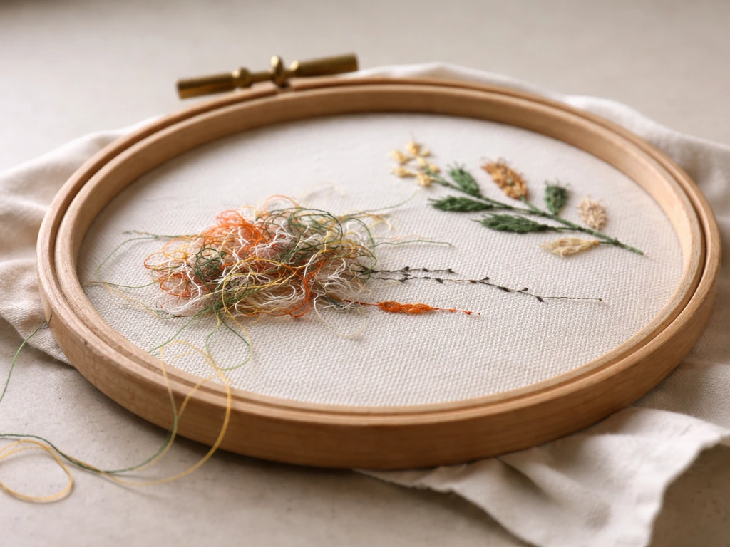 Embroidery hoop showing clear bird-nesting thread tangles on the underside, contrasted with neat stitches.