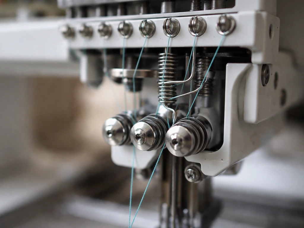 Close-up of an embroidery machine’s correctly routed thread through top guides and tension discs.