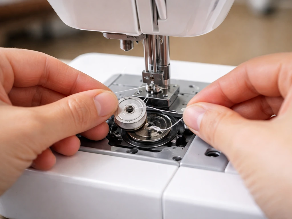Hands placing a bobbin into an embroidery machine and pulling the thread in the correct unwind direction
