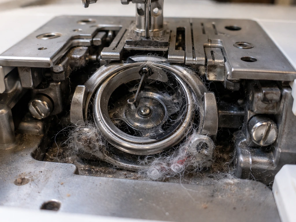 Close-up view of an open sewing machine rotary hook area with lint and thread debris on the components