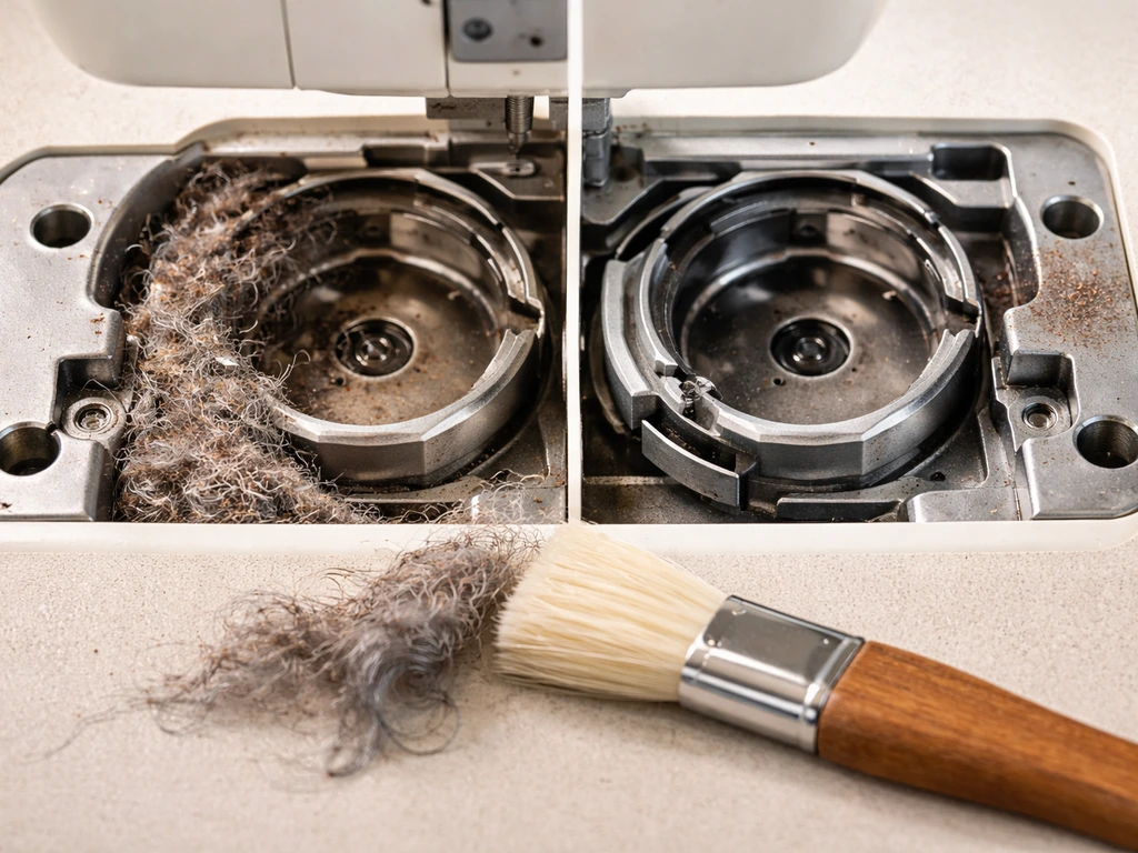 Close-up of sewing machine rotary hook area with lint brush and bobbin case removed, showing dirty buildup cleared.