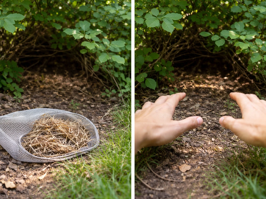 Split scene: helpful bird nesting materials in a mesh bag and quiet habitat vs hands reaching near a nest area