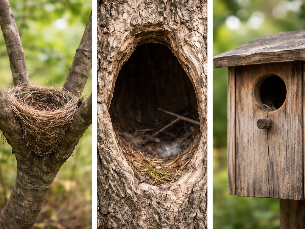 Three natural nest settings side-by-side: open-cup shrub nest, tree hollow cavity, and wooden nest box.