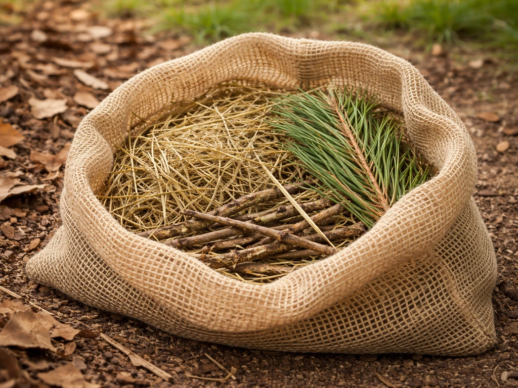 Close-up of safe nesting materials—dry grass, pine needles, and small twigs—in a natural mesh bag outdoors.