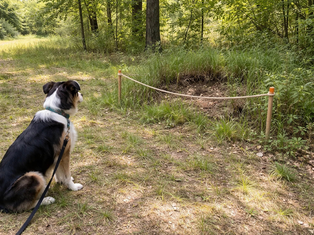 Leashed dog stays near a wooded nesting area with a simple rope boundary to keep distance.