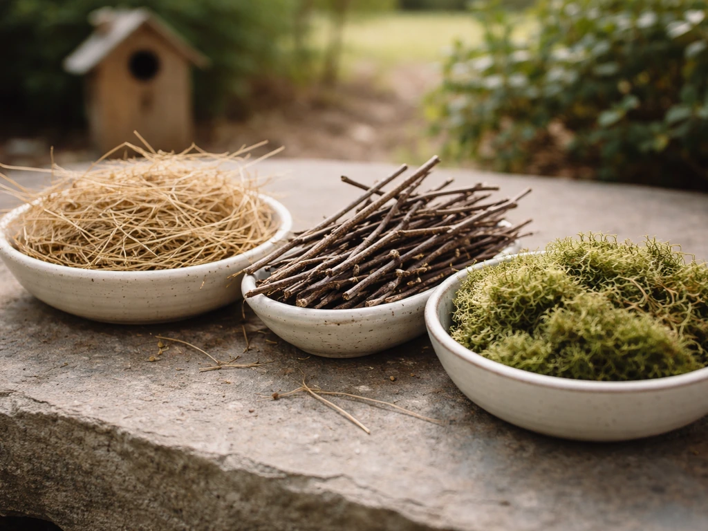 Close-up of dry grass, thin twigs, and moss in small bowls for safe bird nesting materials.