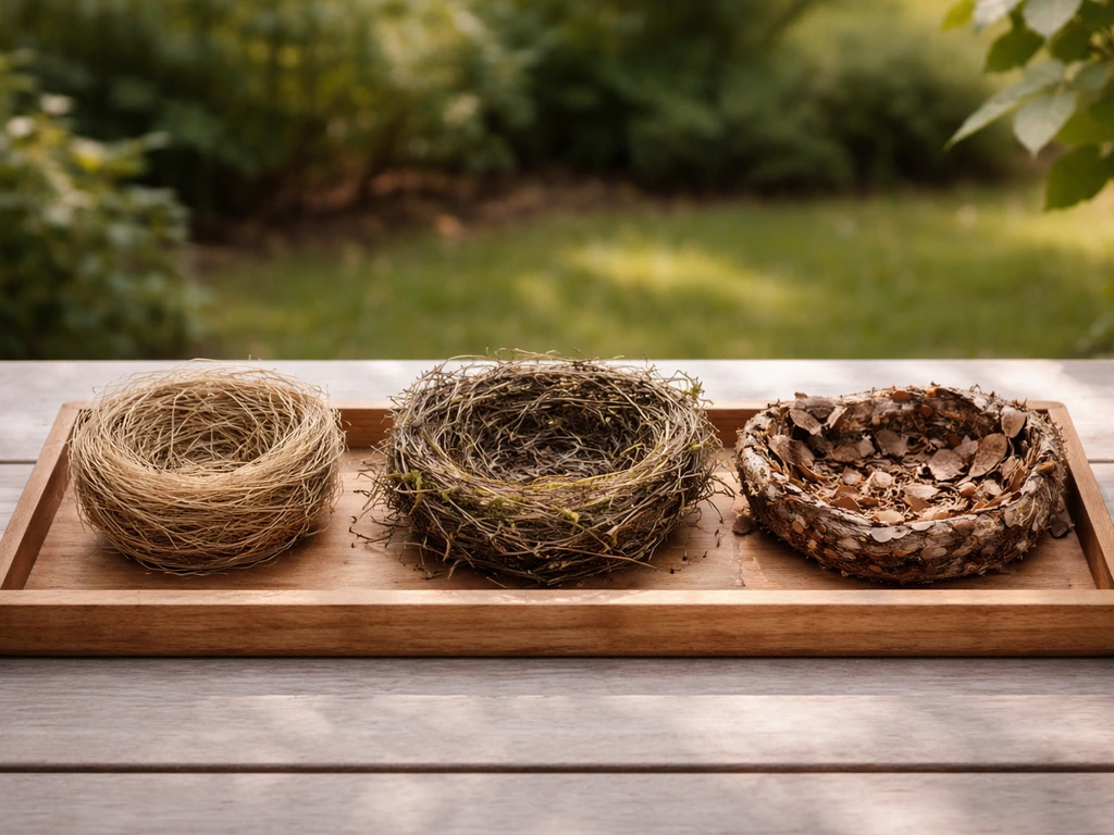 Three anonymous nest material options on a wooden tray: cup, open cup, and ground/cavity lining.