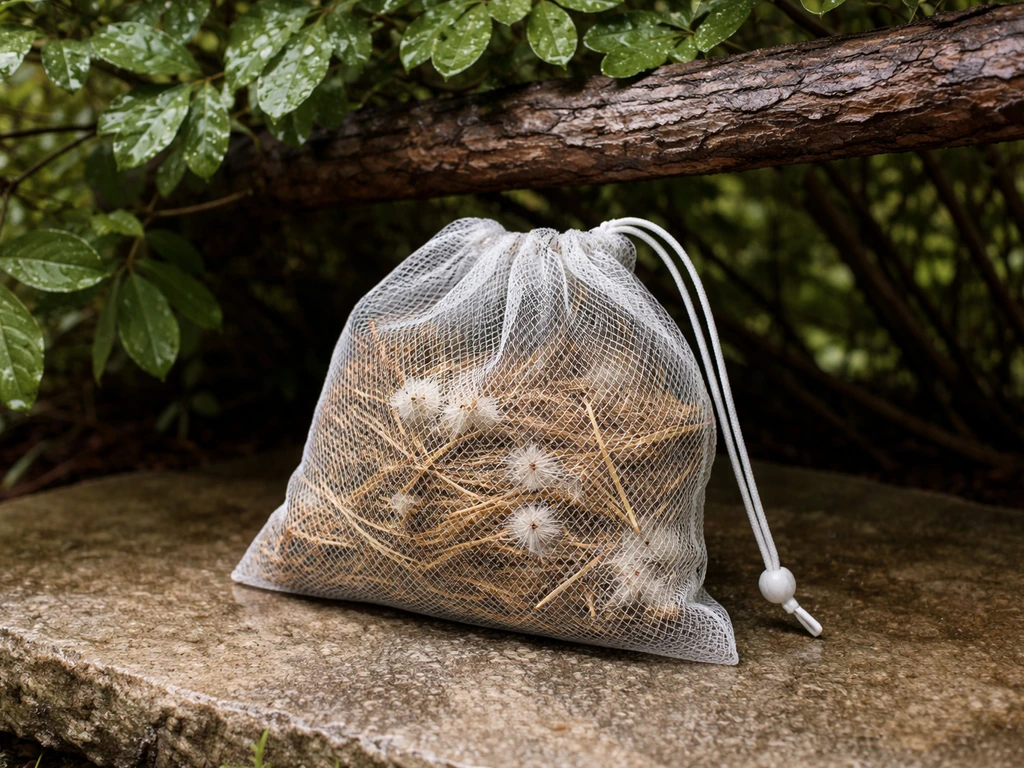 Mesh bag of dry nesting material placed under a shrub overhang, protected from spring dampness.