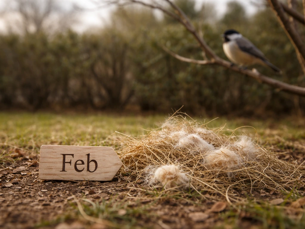 Early spring backyard scene with a bird feeder, fresh nesting materials, and a small bird nearby